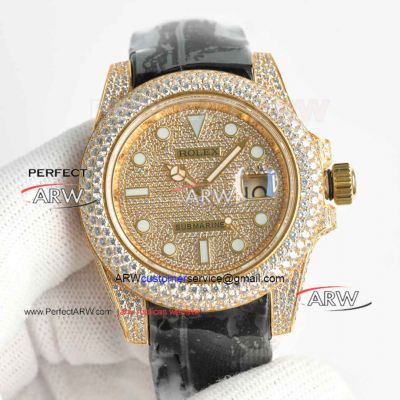 Swiss Replica Rolex Submariner Iced Out Yellow Gold Black Alligator Strap 3135 Watch